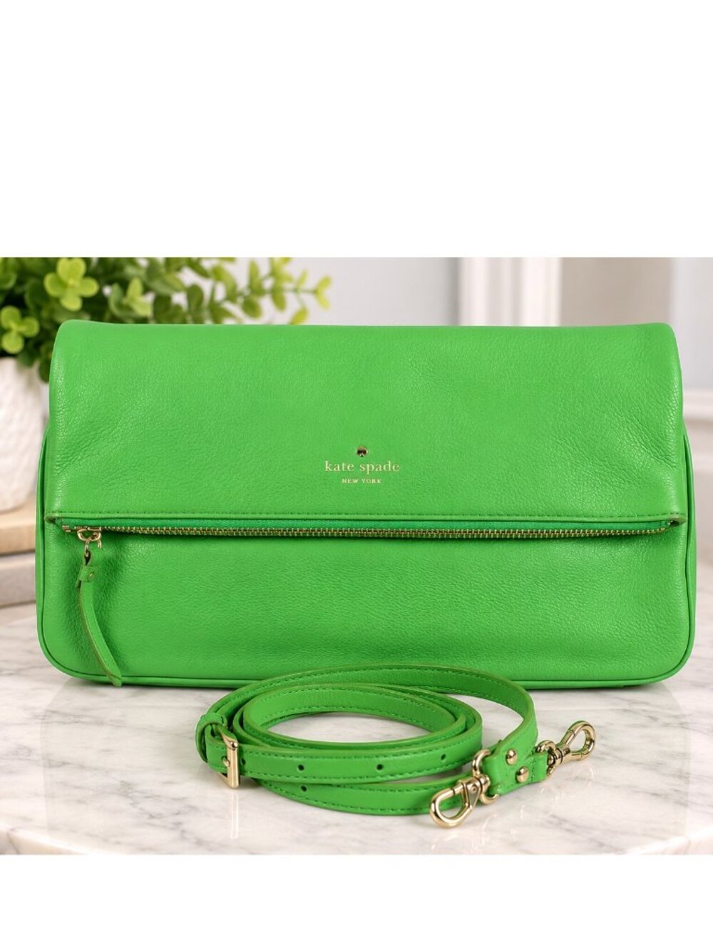 Kate Spade New York Green Pebbled Leather Foldover Crossbody Clutch Bag